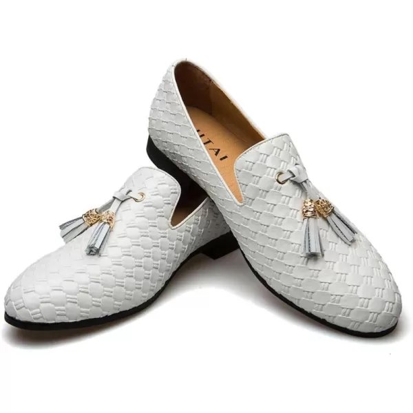 Mens Vintage Velvet Embroidery Noble Loafer Shoes Slipon Loafer Smoking Slipper Tassel LoaferWhite03