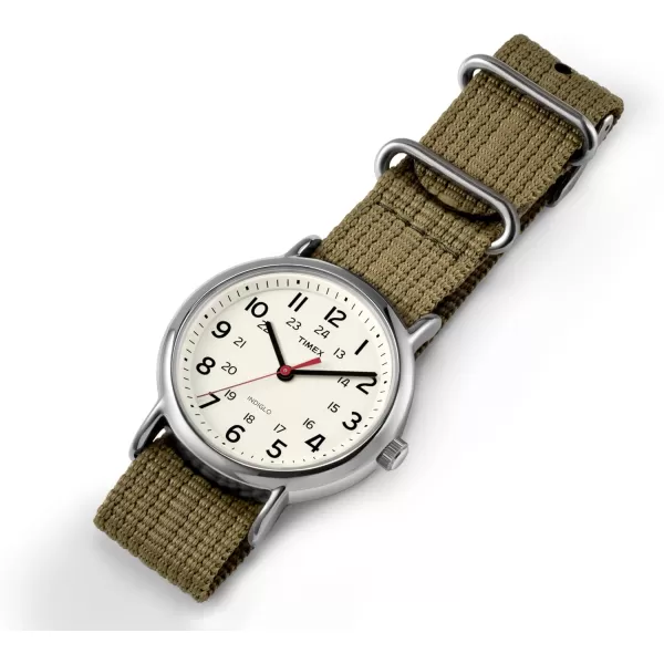 Timex Unisex T2N647 Weekender 38mm Black Nylon SlipGreenCreamSilverTone