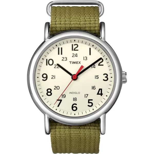 Timex Unisex T2N647 Weekender 38mm Black Nylon SlipGreenCreamSilverTone