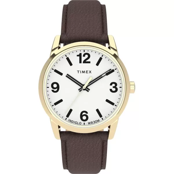 Timex Mens Easy Reader Bold 38mm Watch  GoldTone Case White Dial with Brown Leather Strap