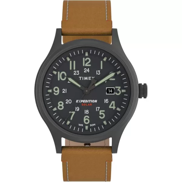 Timex Mens Expedition Scout Solar 40mm Watch  Gunmetal Case Gray Dial with Tan Genuine Leather Strap