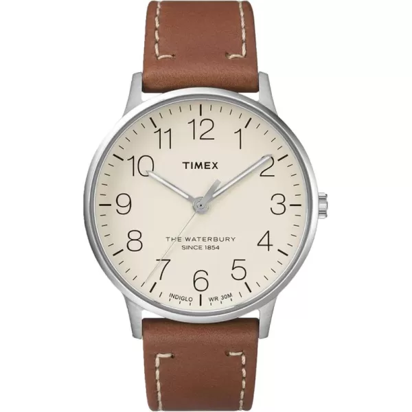 Timex Mens Waterbury Classic 40mm Watch  SilverTone ampamp Cream with Brown Genuine Leather Strap