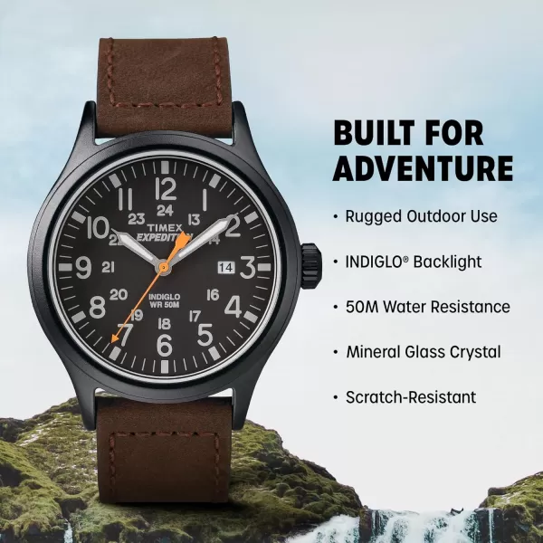 Timex Mens Expedition Scout 40mm Watch  Black Case Black Dial with Brown Leather Strap