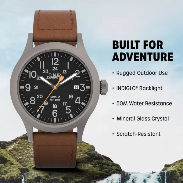 Timex Mens Expedition Scout 40mm Watch  Gray Case Black Dial with Brown Ecco DriTan Leather Strap