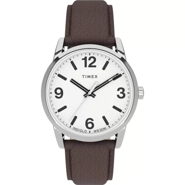Timex Easy Reader Bold 38mm Watch  SilverTone Case White Dial with Brown Leather Strap