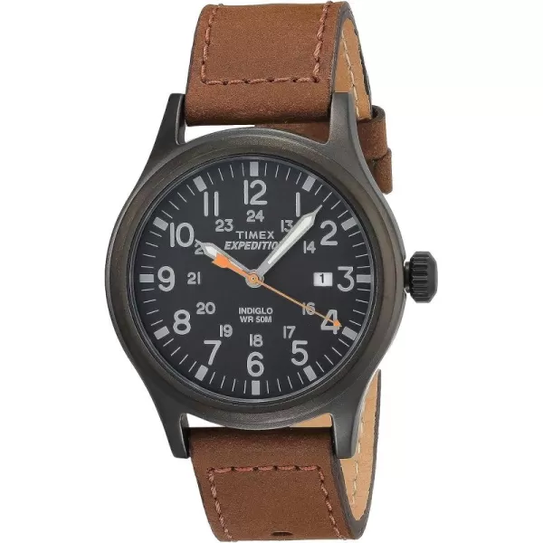 Timex Mens Expedition Scout 40mm Watch  Black Case Black Dial with Brown Leather Strap