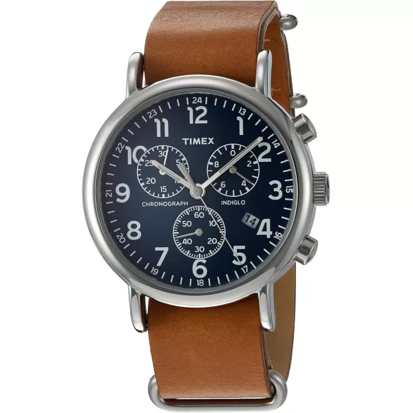Timex TWG012800QM Unisex Weekender Chrono Tan Leather Strap Watch Gift Set  Navy Nylon Strap