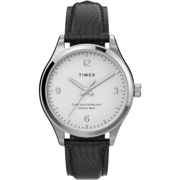 Timex 34 mm Waterbury Traditional Leather Strap WatchBlackSilverWhite