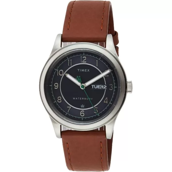 Timex 39 mm Waterbury Traditional DayDate Stainless Steel CaseCaramelSilverToneBlue