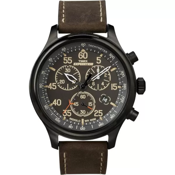 Timex Mens Expedition Field Chrono 43mm Watch  Brown Strap Black Dial SilverTone CaseBrownBlackBlack