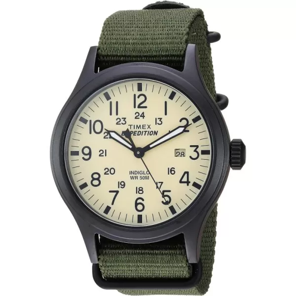 Timex Mens Expedition Scout 40mm Watch  Black Case Cream Dial with Green Fabric Strap