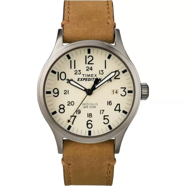 Timex Mens Expedition Scout 40mm Watch  Gray Case Cream Dial with Tan Leather Strap