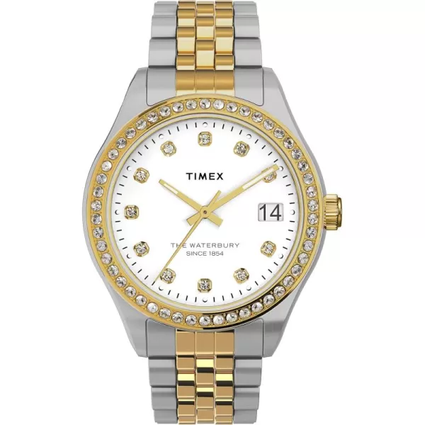 Timex Womens Waterbury Legacy 34mm Watch  White Dial TwoTone Stainless Steel Bracelet with Crystals