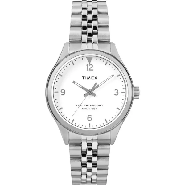 Timex Womens Waterbury Traditional 34mm Watch  SilverTone Case White Dial with Stainless Steel Bracelet