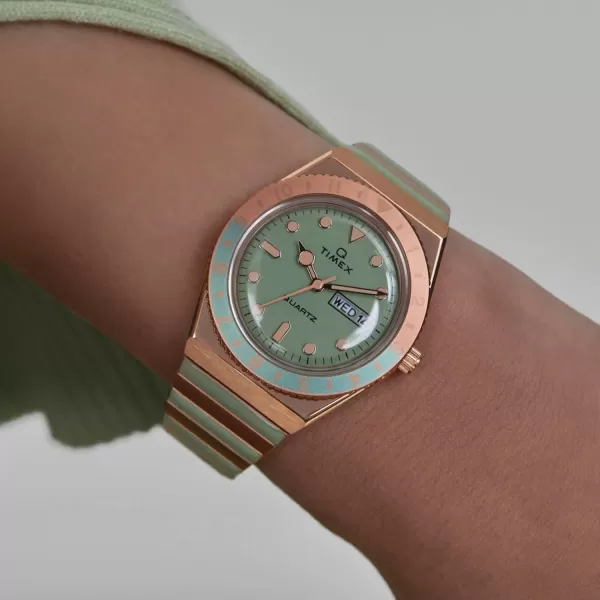 Timex Womens Q 36mm WatchTwoToneGreenRose GoldTone