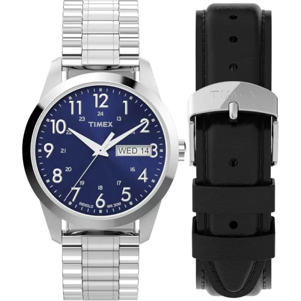 Timex Mens South Street Sport 36mm Watch Box SetSilverToneBlueSilverTone