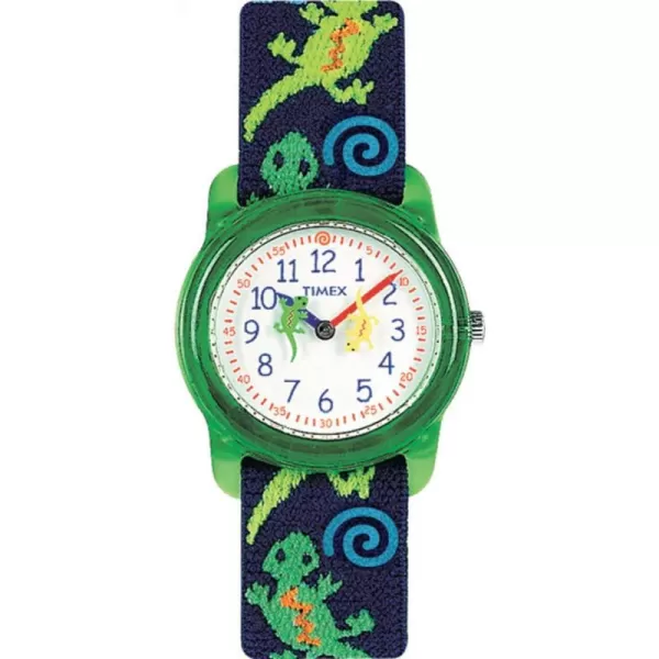 Timex TIME Machines 29mm BlueYellow Stripe Elastic Fabric Kids WatchGreen Geckos