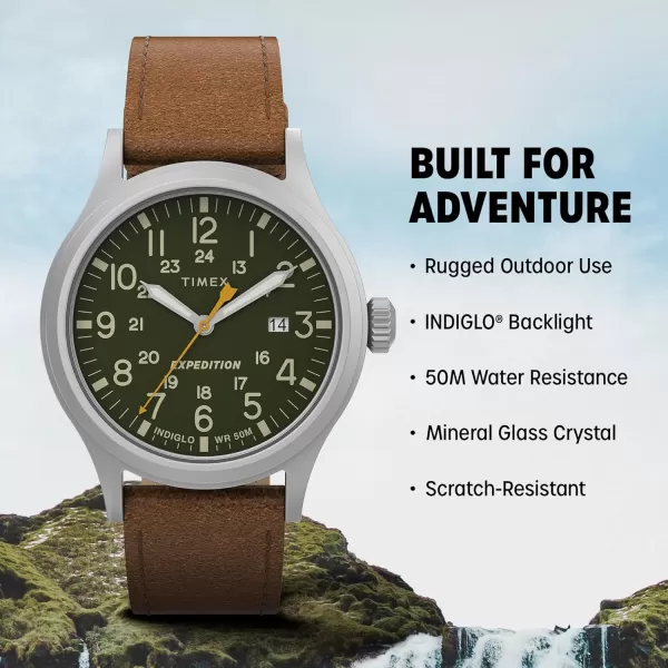 Timex Mens Expedition Scout 40mm Watch  SilverTone Case Green Dial with Brown Leather Strap