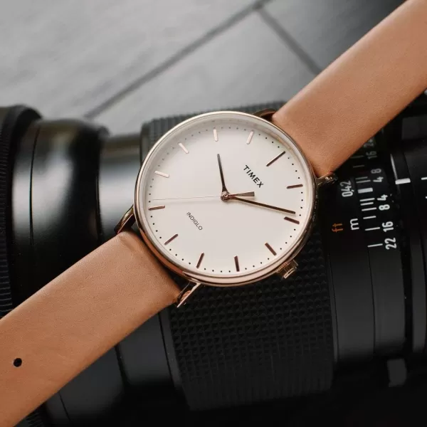 Timex Mens Fairfield 41mm Watch  Rose GoldTone ampamp Cream with Tan Genuine Leather Strap
