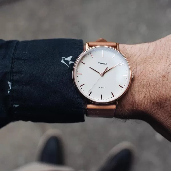 Timex Mens Fairfield 41mm Watch  Rose GoldTone ampamp Cream with Tan Genuine Leather Strap