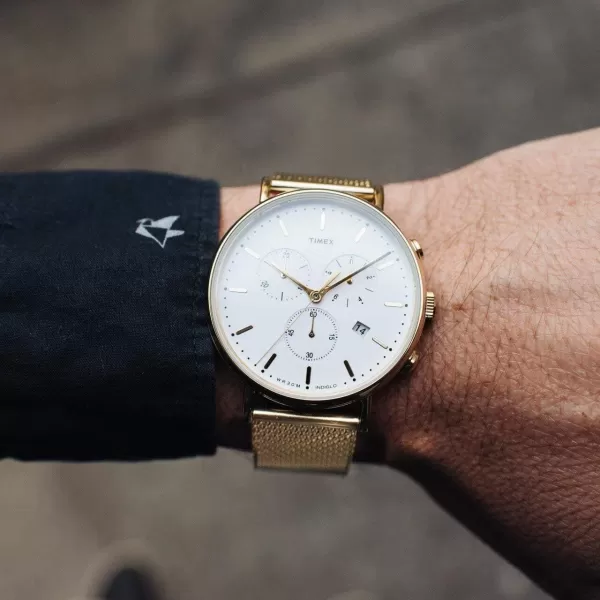 Timex Mens Fairfield Chrono 41mm WatchGold MeshWhite