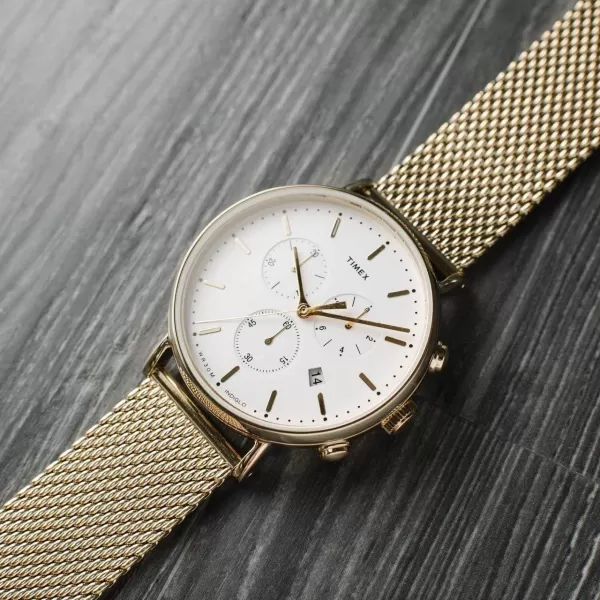 Timex Mens Fairfield Chrono 41mm WatchGold MeshWhite