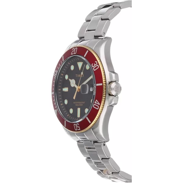 Timex Mens Harborside Coast 43mm WatchSilverToneBlackRed