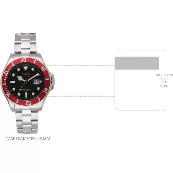 Timex Mens Harborside Coast 43mm WatchSilverToneBlackRed