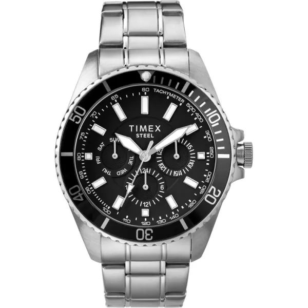 Timex Mens Dress Analog 44mm Stainless Steel Multifunction Bracelet WatchSilverToneBlack