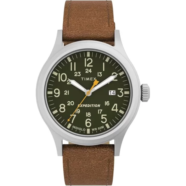 Timex Mens Expedition Scout 40mm Watch  SilverTone Case Green Dial with Brown Leather Strap