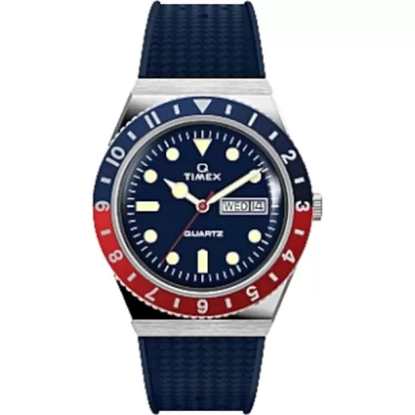 Timex Mens Q 38mm Watch  Blue Dial Stainless Steel Case Blue Rubber Strap