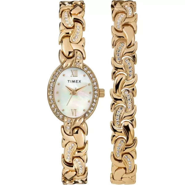 Timex Womens Dress Crystal 19mm Watch ampamp Bracelet Gift SetGoldToneMOP