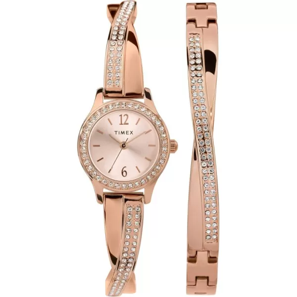 Timex Womens Dress Crystal 19mm Watch ampamp Bracelet Gift SetRose GoldTone