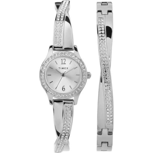Timex Womens Dress Crystal 19mm Watch ampamp Bracelet Gift SetSilverTone