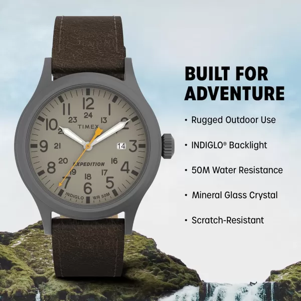Timex Mens Expedition Scout 40mm Watch  Gunmetal Case Khaki Dial with Dark Brown Leather Strap