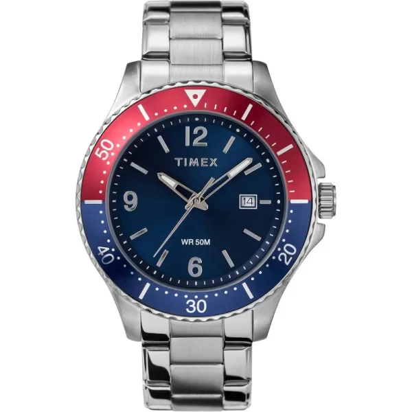 Timex Mens DiverInspired 3Hand 43mm Watch  SilverTone Case Blue Dial Red Accents with Stainless Steel Bracelet