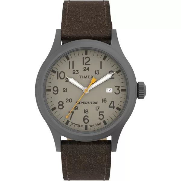 Timex Mens Expedition Scout 40mm Watch  Gunmetal Case Khaki Dial with Dark Brown Leather Strap