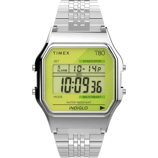 Timex T80 34mm WatchSilverToneAcid Green Bracelet
