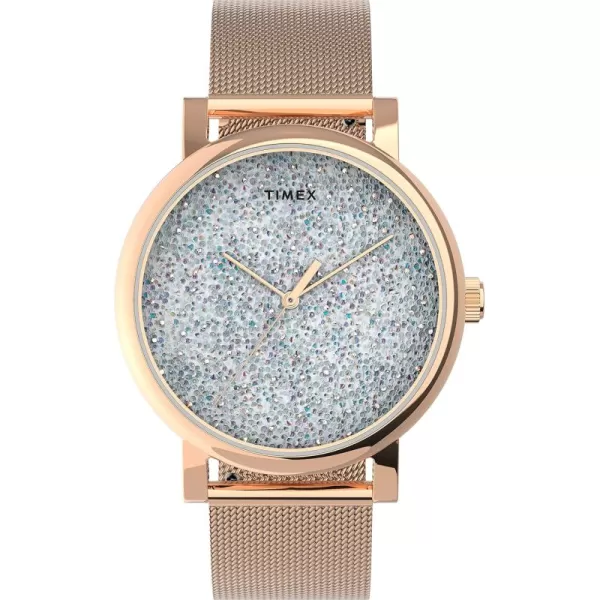Timex Womens Crystal Opulence WatchRose GoldToneWhite Mesh