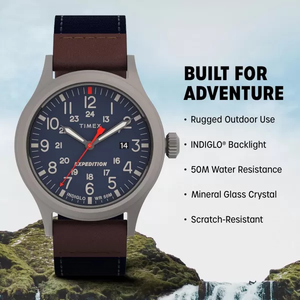 Timex Mens Expedition Scout 40mm Watch  Gray Case Blue Dial with Blue ampamp Brown Fabric ampamp Leather Strap