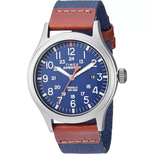 Timex Mens Expedition Scout 40mm Watch  Gray Case Blue Dial with Blue ampamp Brown Fabric ampamp Leather Strap