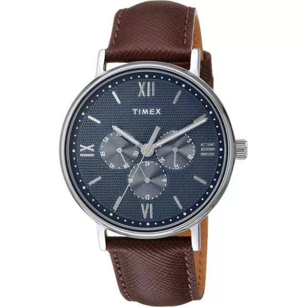 Timex Mens TW2T35100 Southview 41mm Multifunction BrownSilverBlue Leather Strap Watch