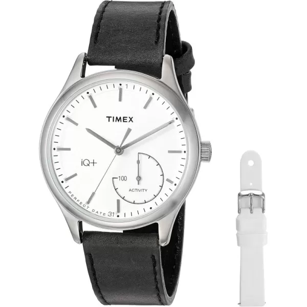 Timex Womens TWG013700 IQ Move Activity Tracker Black Leather Strap Smartwatch Set With Extra White Silicone Strap