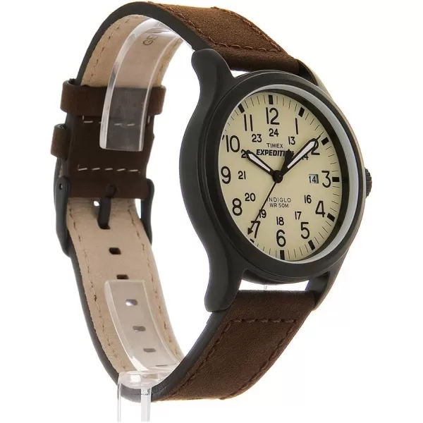 Timex Mens Expedition Scout 40mm Watch  Cream Dial Black Case ampamp Brown Leather Strap