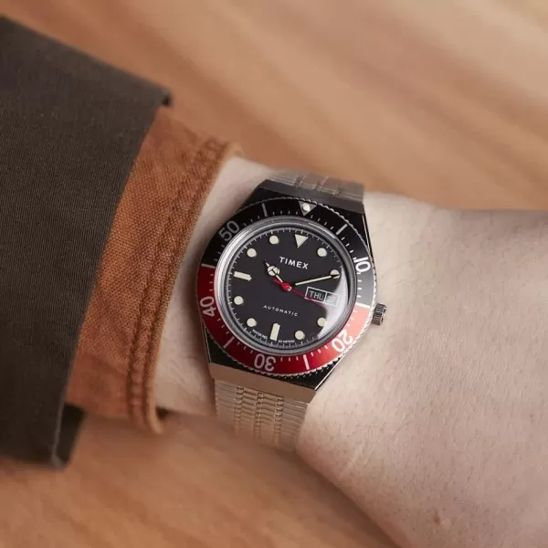Timex Mens M79 Automatic 40mm WatchStainless SteelBlackStainless SteelRed Black