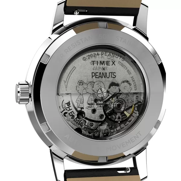 Timex Mens Marlin Automatic Peanuts Sketch 40mm Watch  Black Strap SilverTone Dial Stainless Steel Case
