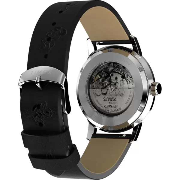 Timex Mens Marlin Automatic Peanuts Sketch 40mm Watch  Black Strap SilverTone Dial Stainless Steel Case