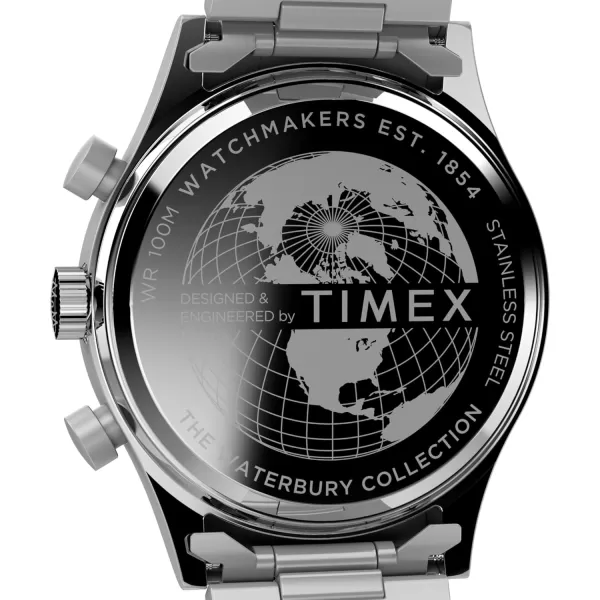 Timex Mens Waterbury Chronograph 42mm Watch  Stainless Steel Bracelet Black Dial Stainless Steel CaseStainless SteelBlackStainless Steel