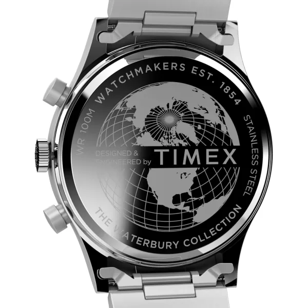 Timex Mens Waterbury Traditional 42mm Watch  Black Strap SilverTone Dial Stainless Steel CaseStainless SteelBlueStainless Steel