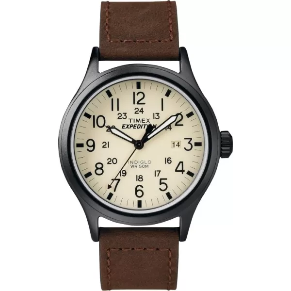 Timex Mens Expedition Scout 40mm Watch  Cream Dial Black Case ampamp Brown Leather Strap